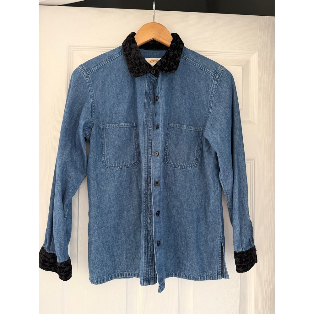 Vintage‎ Talbots Denim Button Down Shirt Black Velvet Details 90s Moms cottage